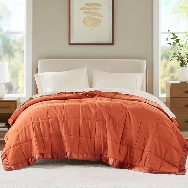 Madison Park Windom Lightweight Down Alternative Blanket with Satin Trim in Orange, Full/Queen MP51-8650