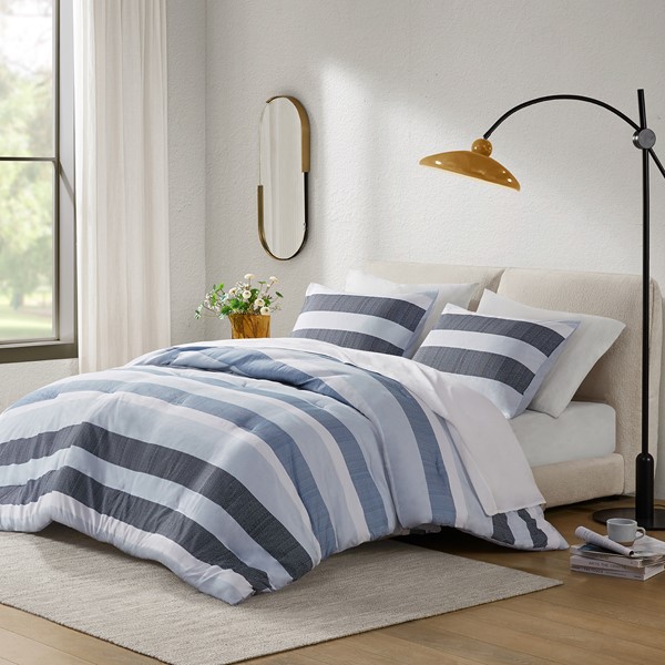 Comfort Spaces Owain Stripe Textured Print Comforter Set in Navy/Blue, Full/Queen AM10-0129